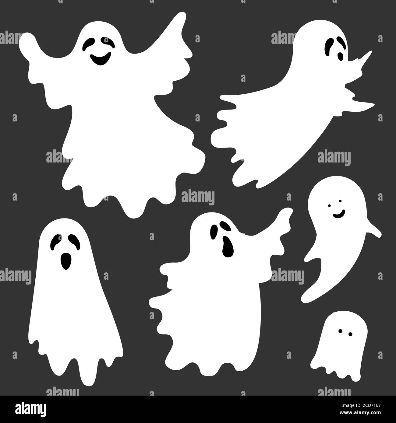 Illustrazione piatta con fantasmi bianchi su sfondo nero per il design della decorazione. Illustrazione di Halloween Vector Cartoon. Illustrazione Vettoriale