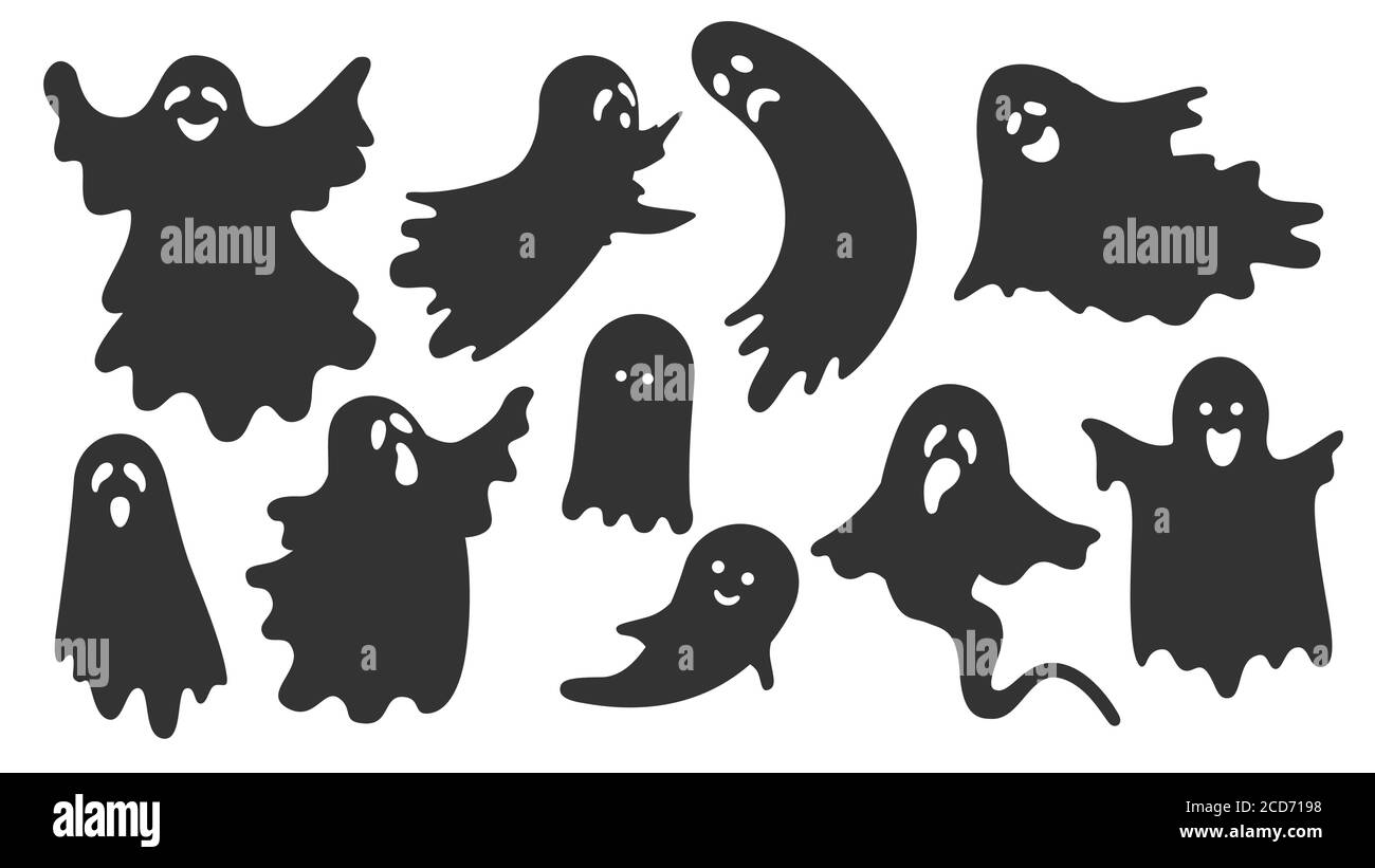 Illustrazione piatta con fantasmi neri su sfondo bianco per il design della decorazione. Illustrazione di Halloween Vector Cartoon. Illustrazione Vettoriale