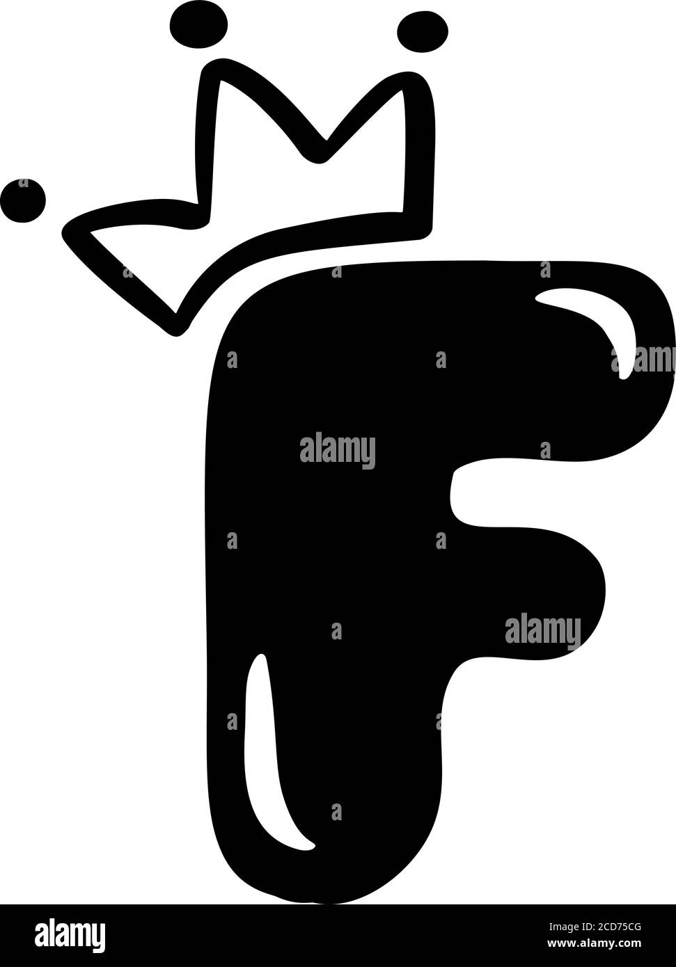 Vettore plump vintage cute lettera F con corona. Logo del carattere Princess Element. San Valentino segno di alfabeto disegnato a mano per la decorazione e il disegno della pagina Illustrazione Vettoriale