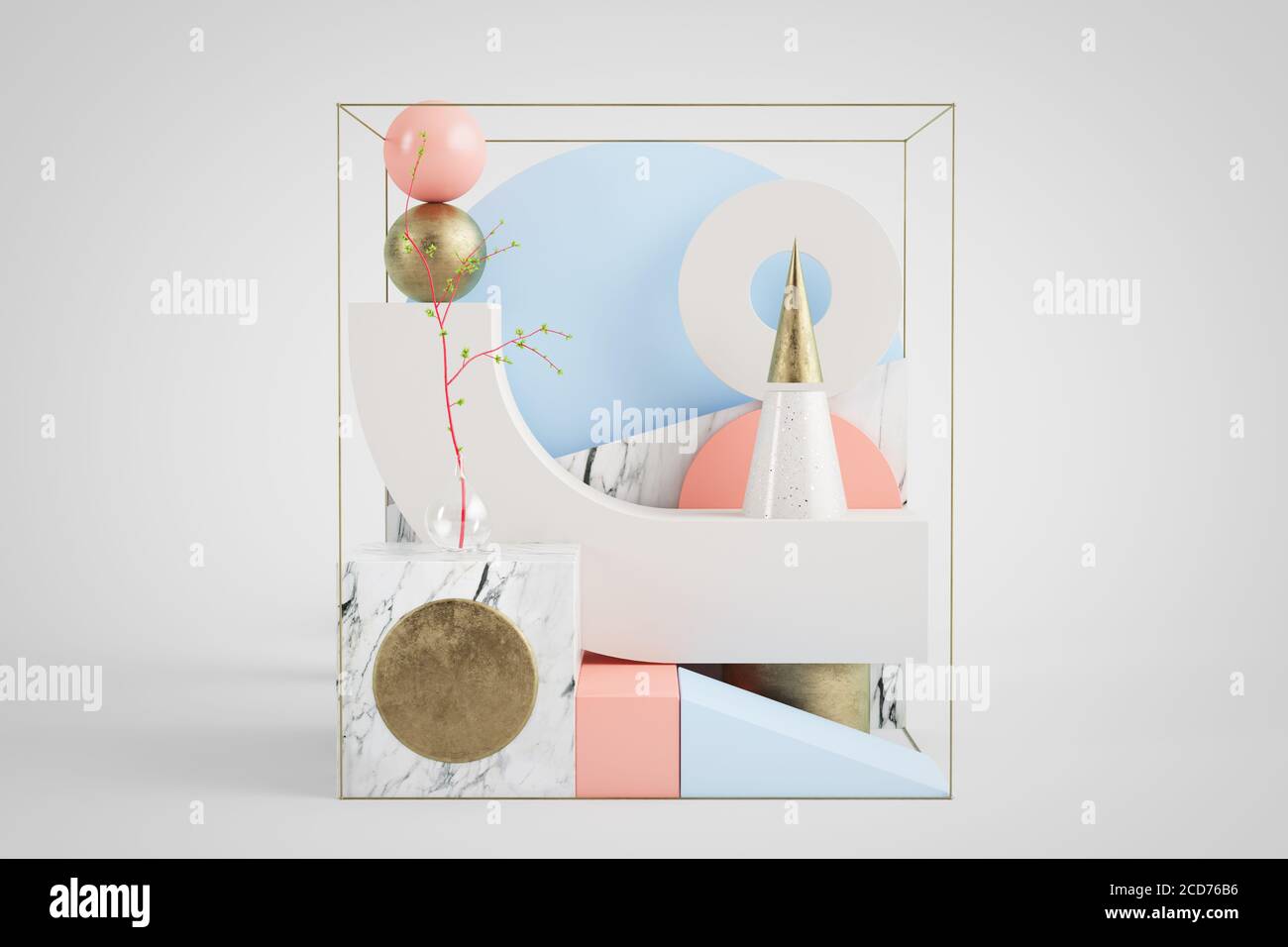 Rendering 3D di set geometrico astratto con forme oro, marmo, rosa e blu Foto Stock