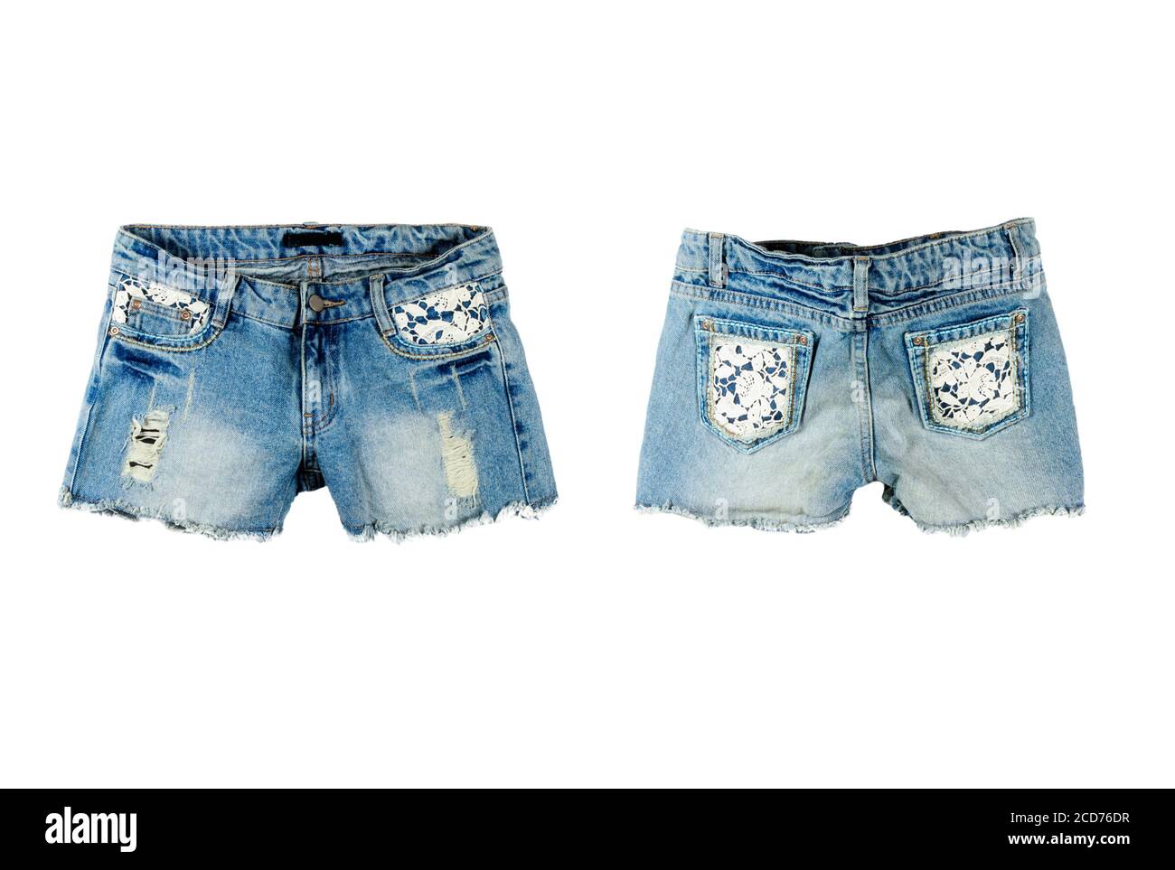 Pantaloncini in denim femmina isolati su sfondo bianco Foto Stock