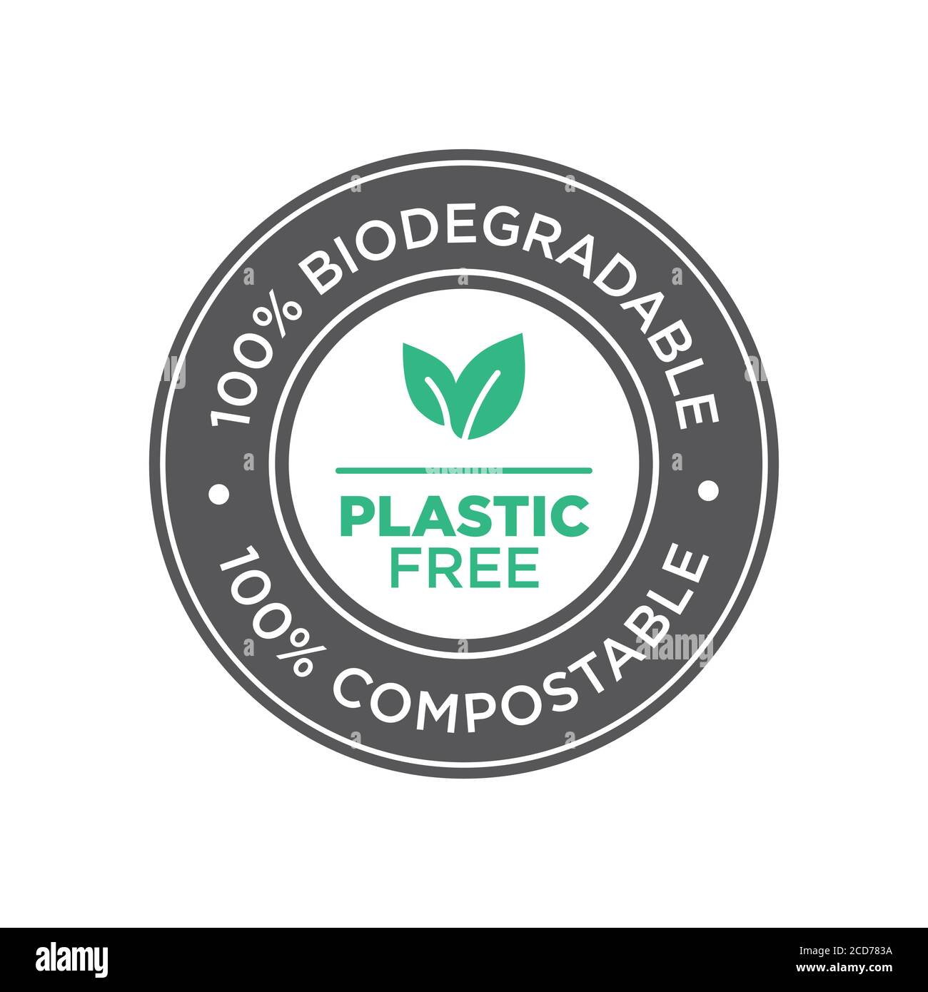 Senza plastica. Icona biodegradabile al 100% e compostabile. Simbolo rotondo verde e nero. Illustrazione Vettoriale