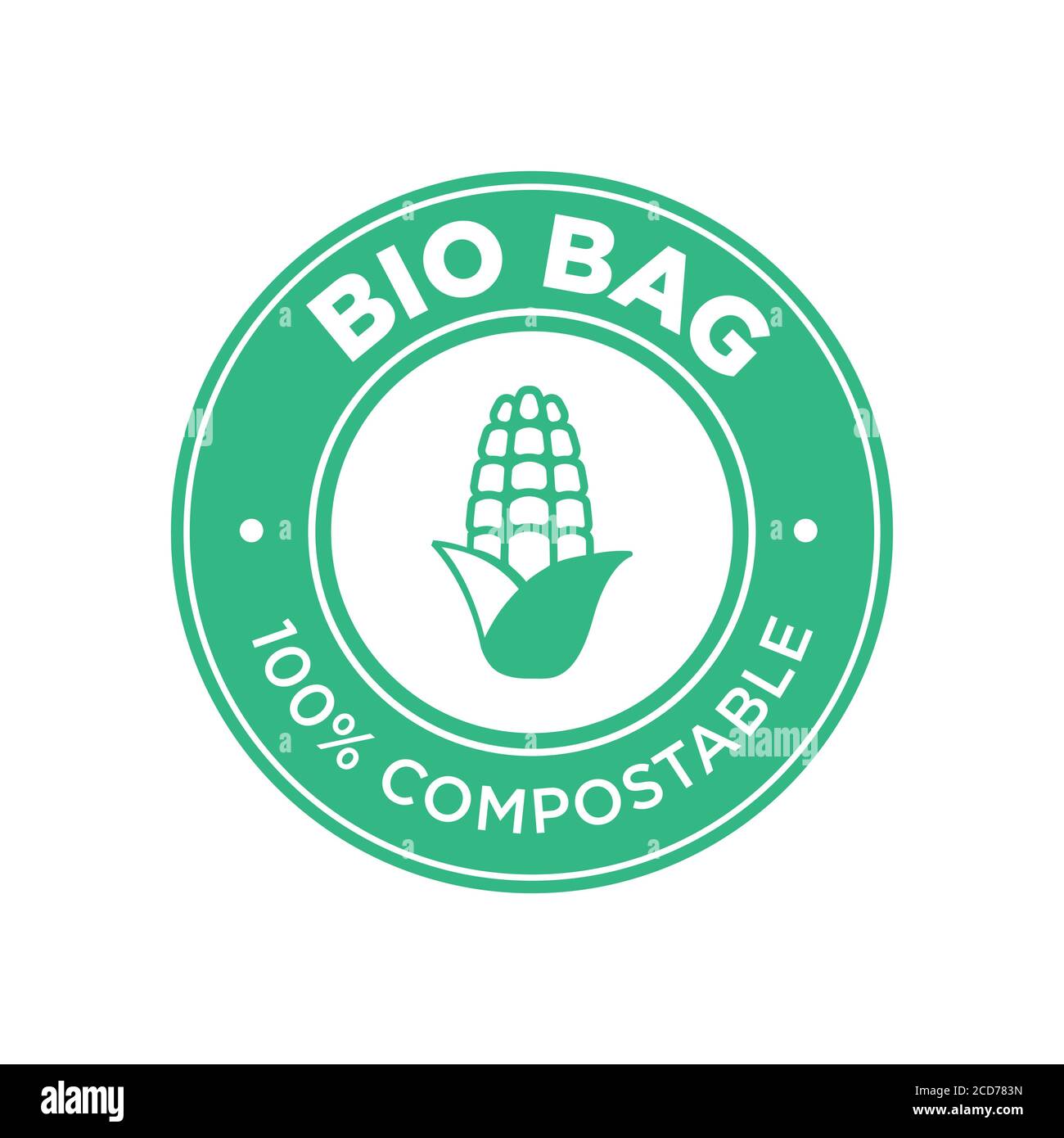 BIO Bag 100% compostabile in mais. Simbolo rotondo e verde. Illustrazione Vettoriale