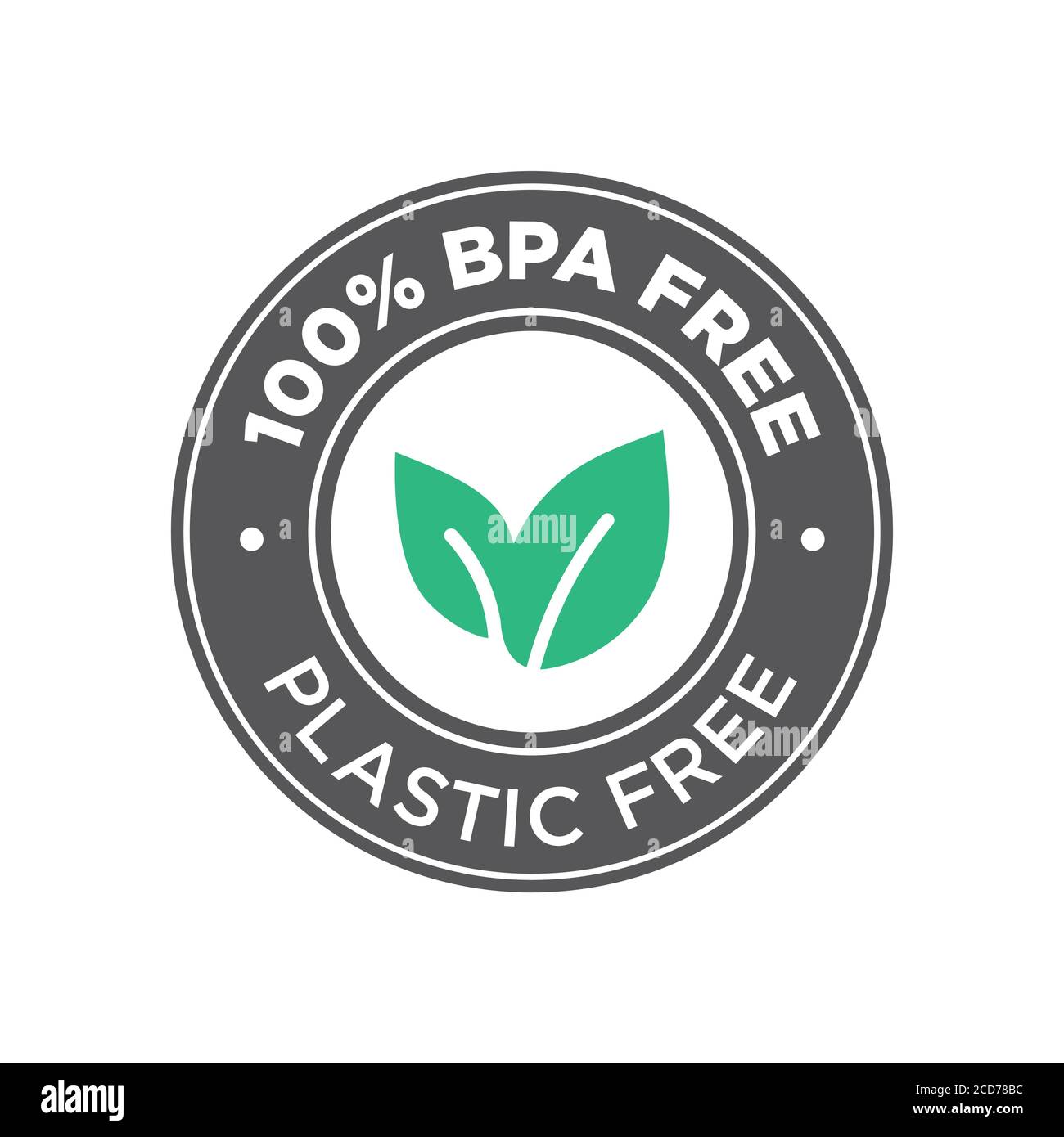 100% senza BPA. Icona 100% senza plastica. Simbolo rotondo verde e nero. Illustrazione Vettoriale