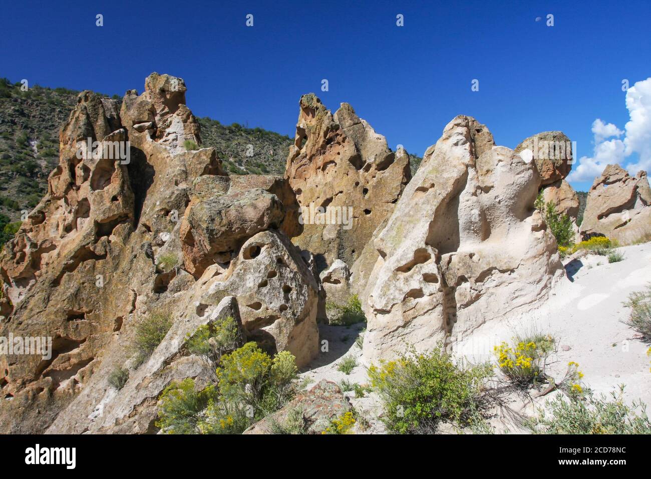 Formazioni rocciose al Bandelier National Monument, dove le ceneri vulcaniche consolidate formano roccia conosciuta come tufo. Frijoles Canyon, New Mexico, Stati Uniti Foto Stock