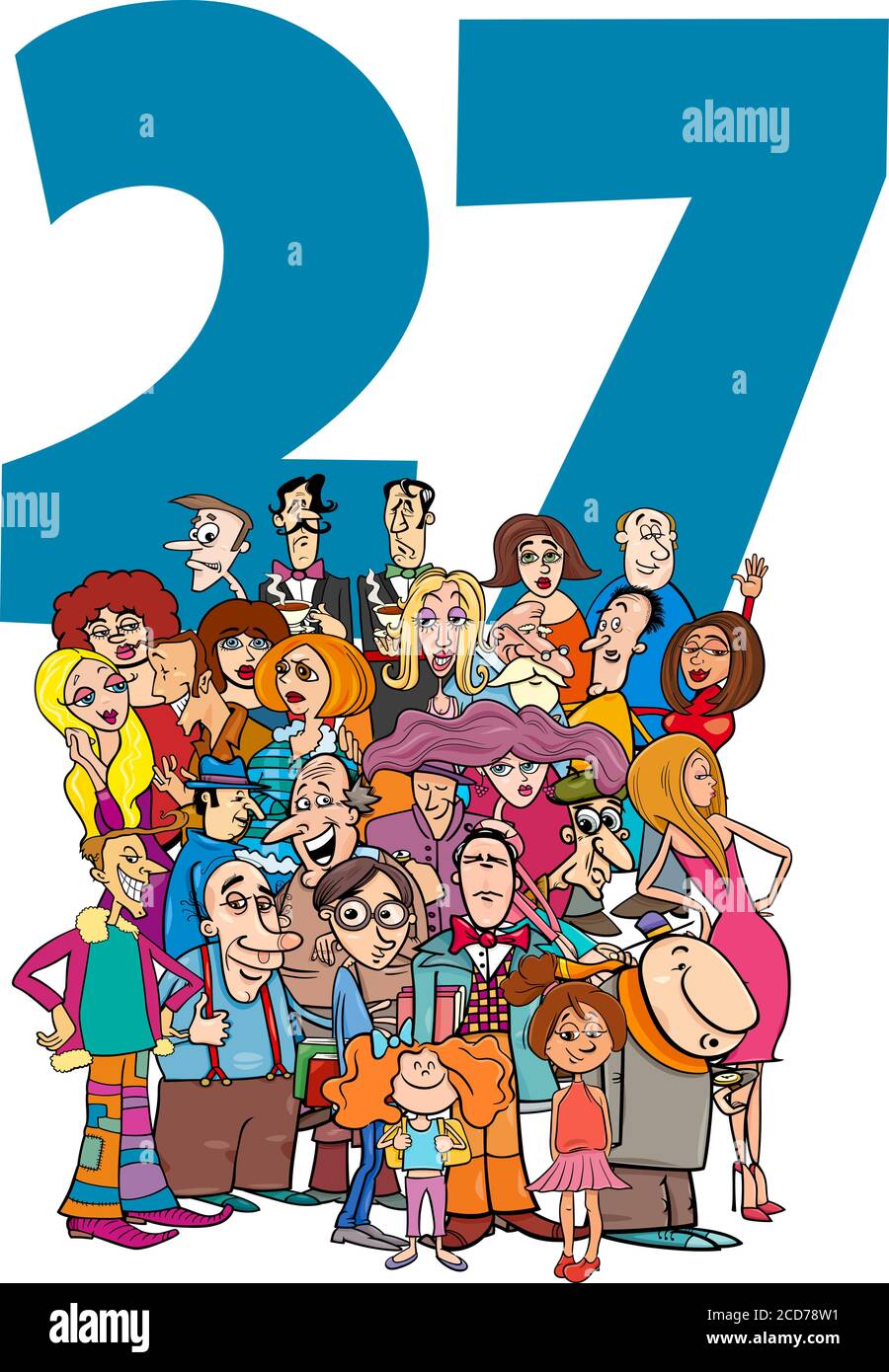 Illustrazione di Cartoon del numero ventisette per i bambini con Funny Gruppo di caratteri persone Illustrazione Vettoriale