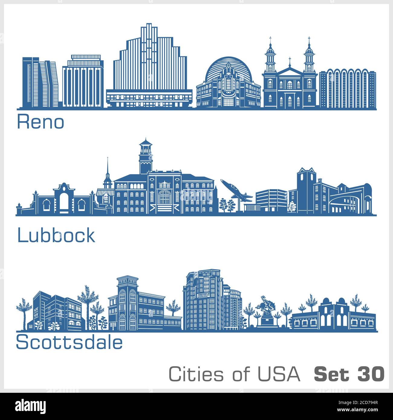 Città degli Stati Uniti - Reno, Lubbock, Scottsdale. Architettura dettagliata. Illustrazione vettoriale alla moda. Illustrazione Vettoriale