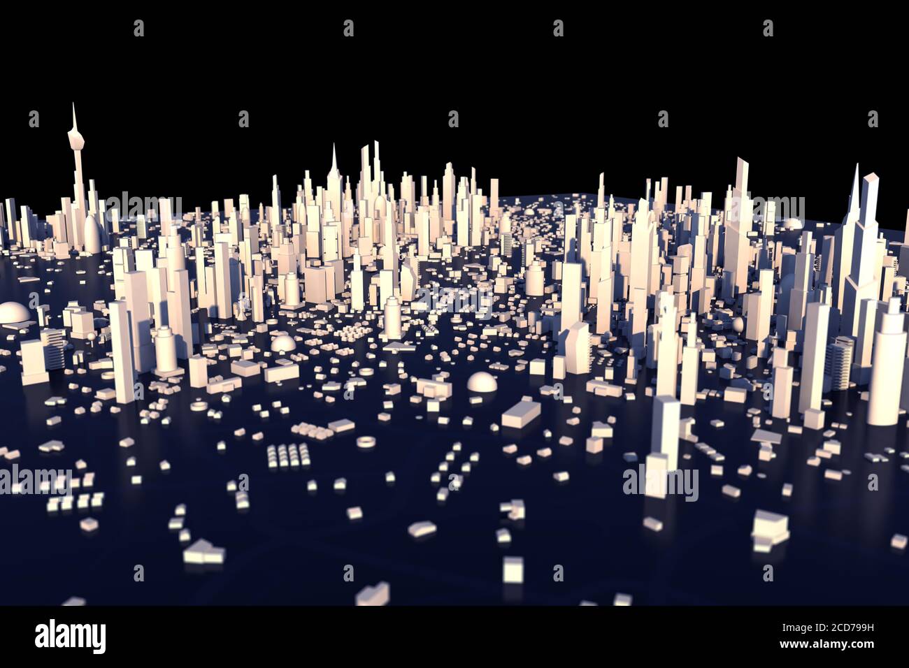 3D rendering di città bianca, paesaggio urbano con casa e strada con effetto di profondità di campo poco profonda Foto Stock