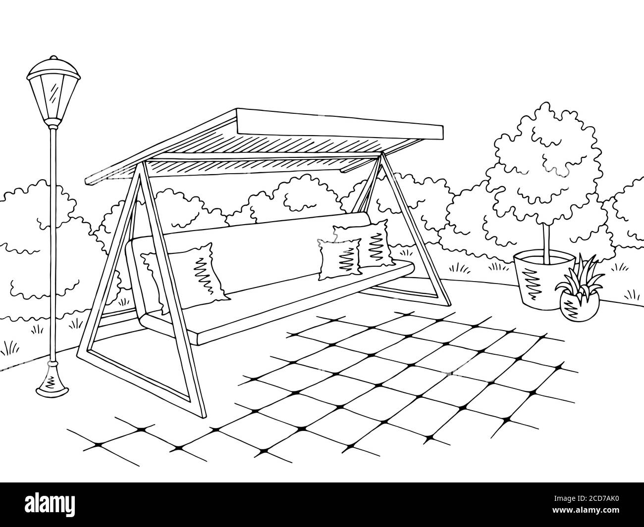 Garden swing grafico bianco nero disegno paesaggio vettore illustrazione Illustrazione Vettoriale