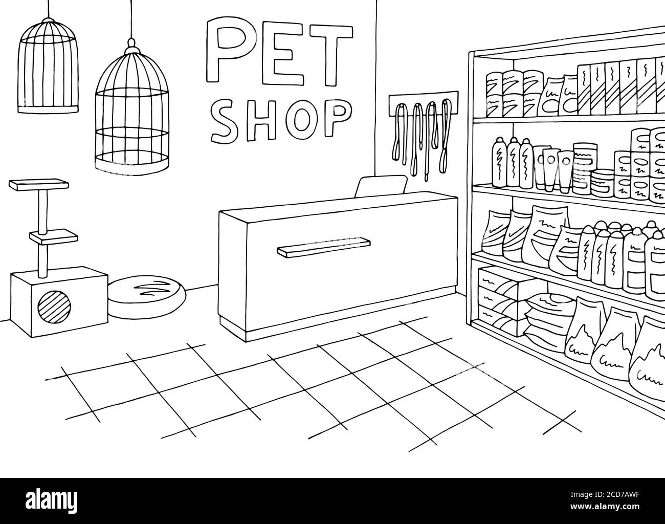 Negozio PET negozio grafico interno nero bianco illustrazione schizzo vettore Illustrazione Vettoriale