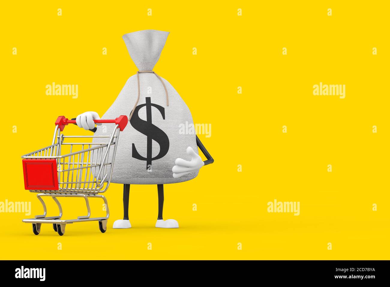 Lega Rustic Canvas Linen Money Sack o Money Bag e Dollar Sign Mascot personaggio con Carrello Carrello Trolley su sfondo giallo. Rendering 3d Foto Stock