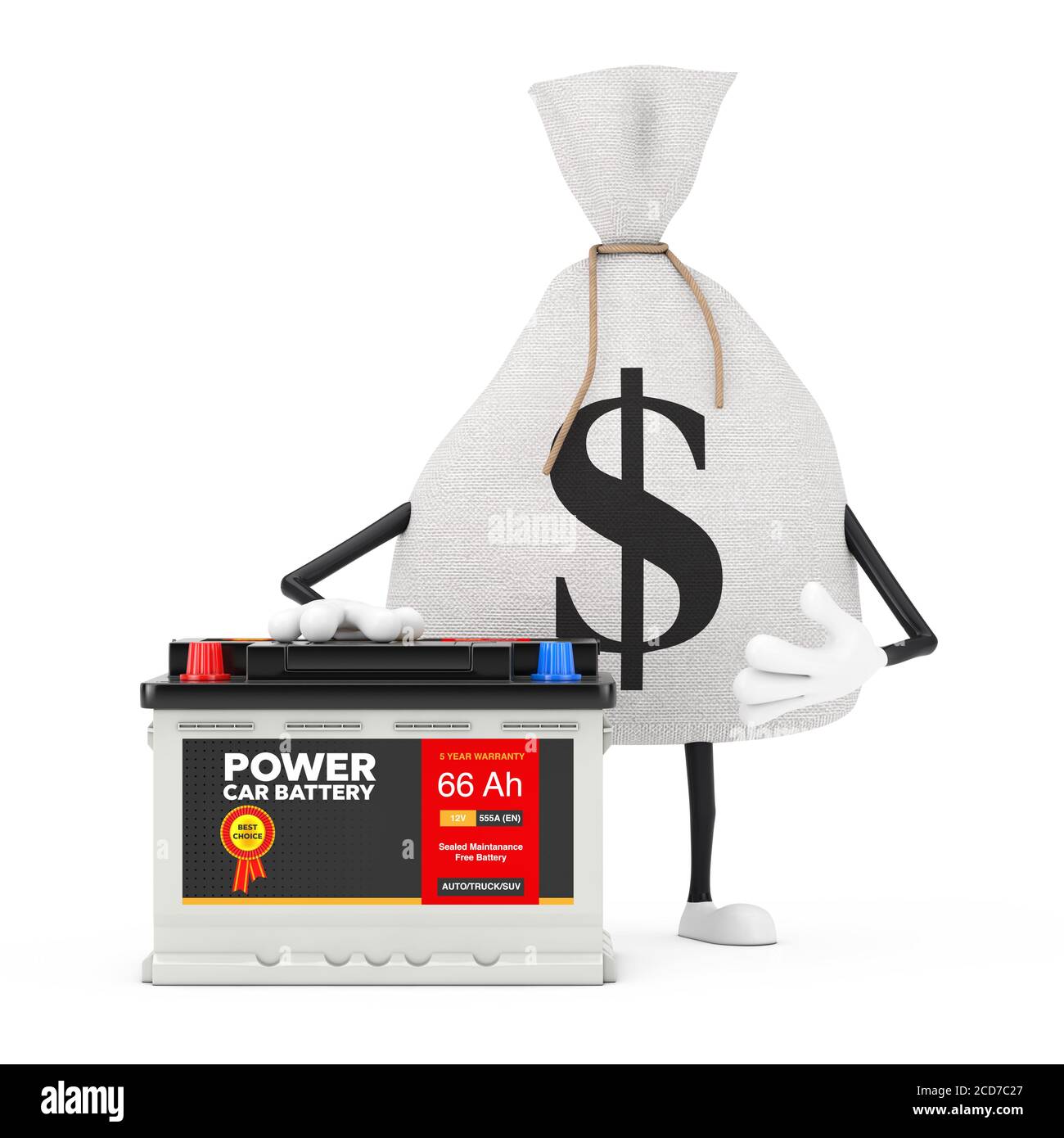 Sacco di denaro o borsa di denaro in tela rustica legata e. Simbolo del dollaro Mascot con batteria ricaricabile per auto 12V accumulatore E etichetta astratta attivata Foto Stock