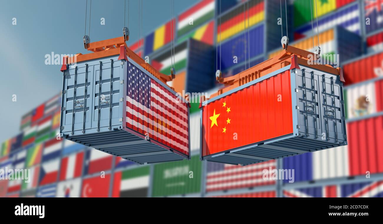 Container con bandiere nazionali USA e Cina. Rendering 3D Foto Stock