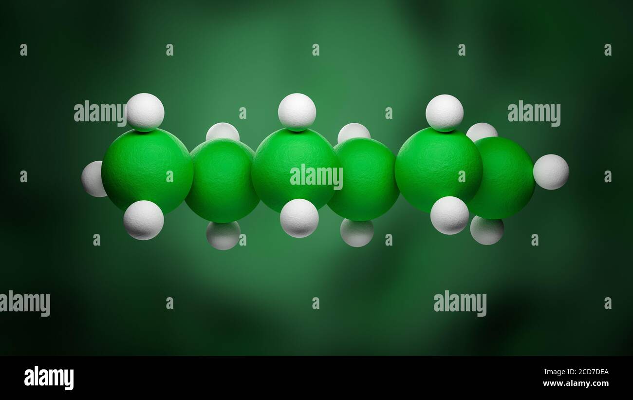 Modello di una molecola esanica della famiglia degli idrocarburi monollegati. Sei atomi di carbonio in verde, atomi di idrogeno in bianco. Foto Stock