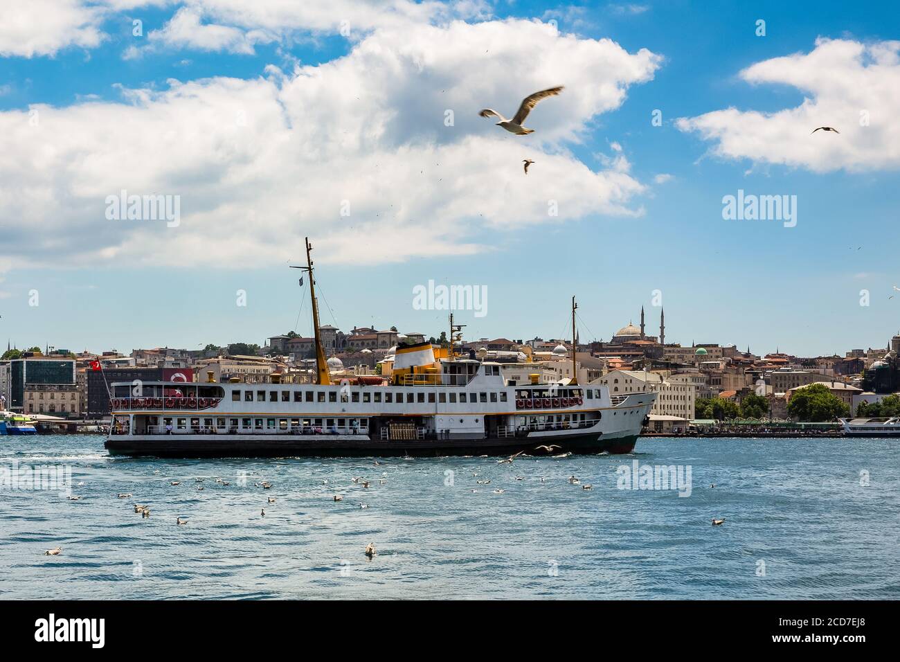 Traghetto che galleggia attraverso il Corno d'Oro, gabbiani che volano nel cielo in una giornata estiva nuvolosa, Istanbul, Turchia Foto Stock