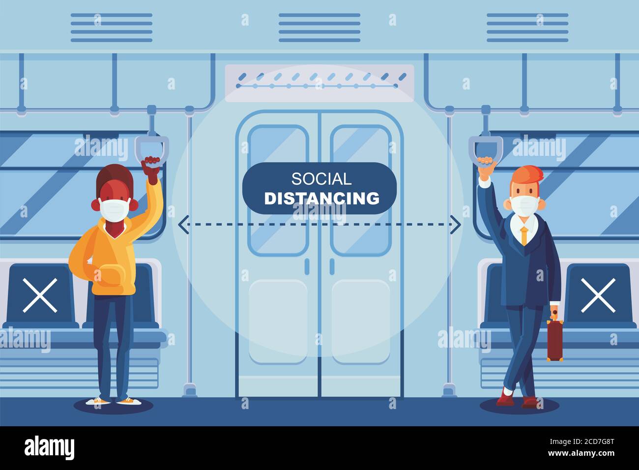 Persone in piedi in treno della metropolitana, tenendo borse. Concetto di trasporto pubblico. Illustrazione Vettoriale