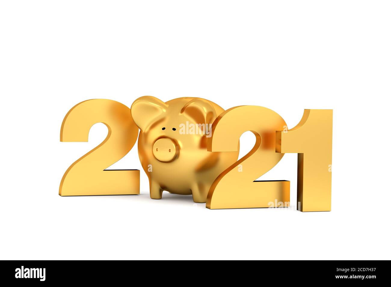 Felice anno nuovo 2021 concetto: Lettere dorate 2*21 e un piggybank inbetween. Isolato su bianco. Foto Stock