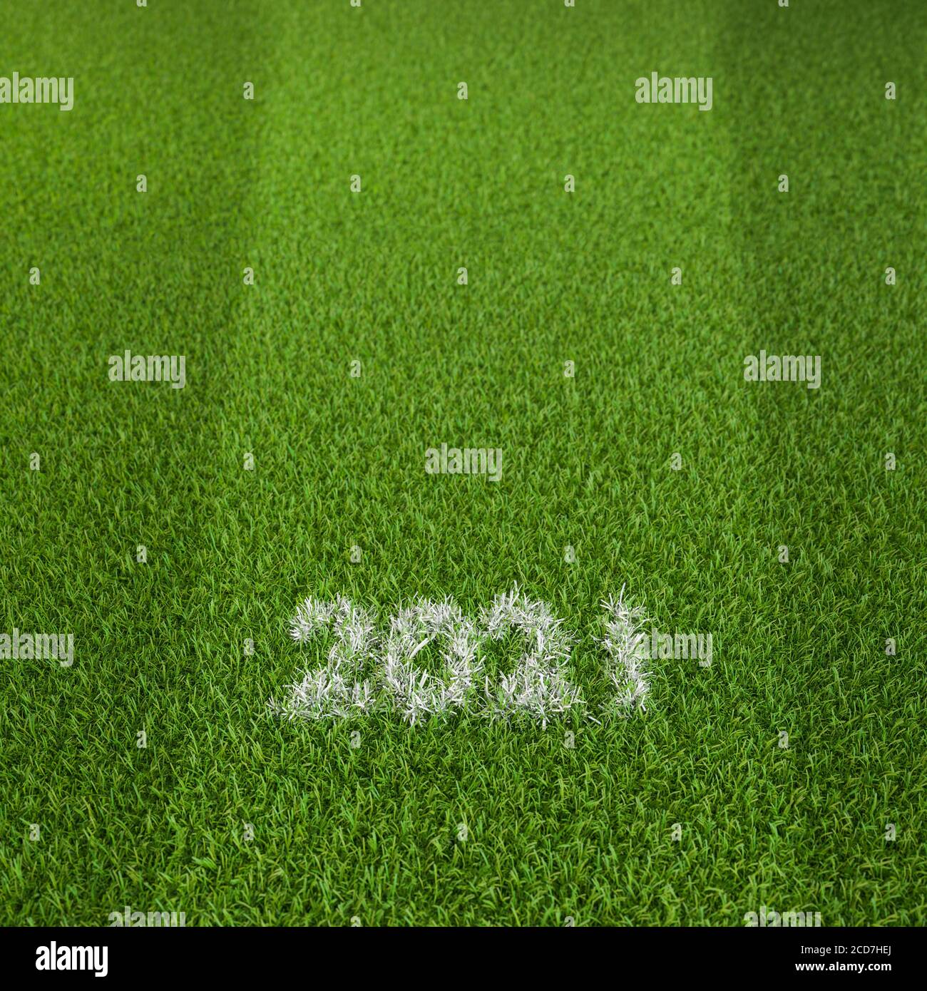 L'anno 2021 come linea di gesso su uno stadio verde. Concetto per tutti gli eventi di calcio o di calcio, campionati o tornei dell'anno 2021. Spazio di copia A. Foto Stock