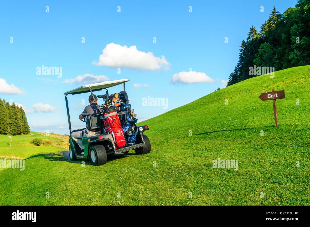 L uomo e la donna a giocare a golf su un bellissimo parco corso in una giornata di sole in estate Foto Stock