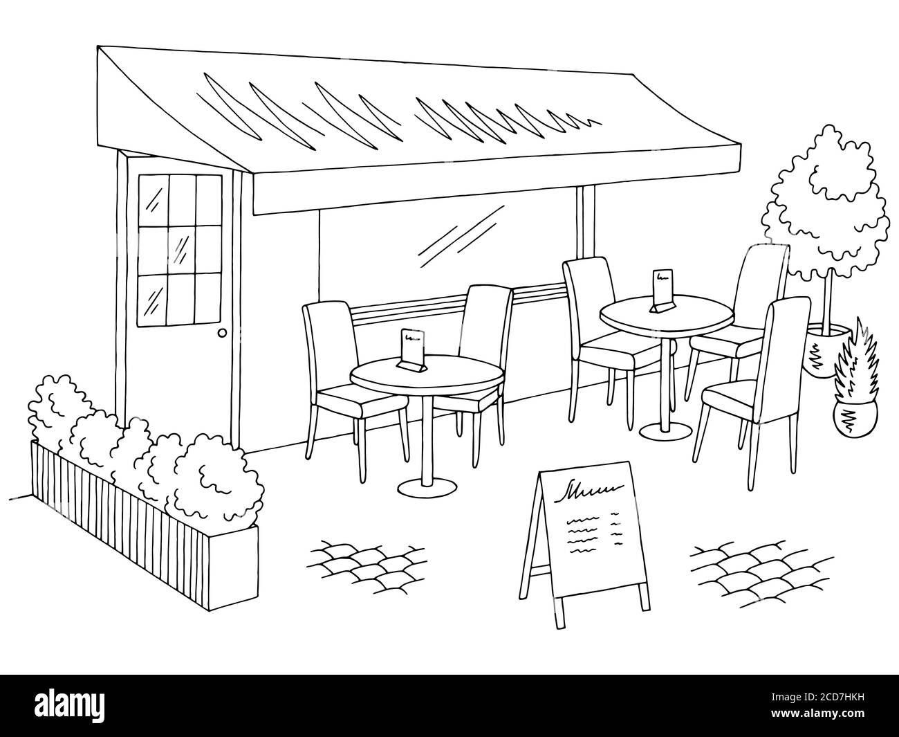 Street cafe grafico bianco nero schizzo illustrazione esterna vettore Illustrazione Vettoriale