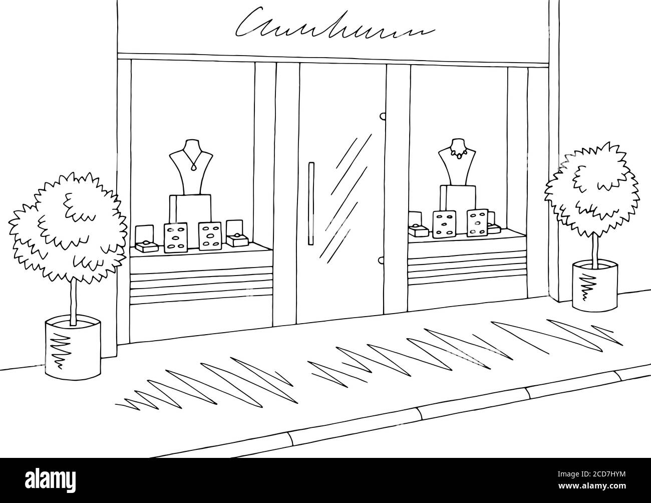 Negozio di gioielleria grafica esterna nero bianco illustrazione schizzo vettore Illustrazione Vettoriale