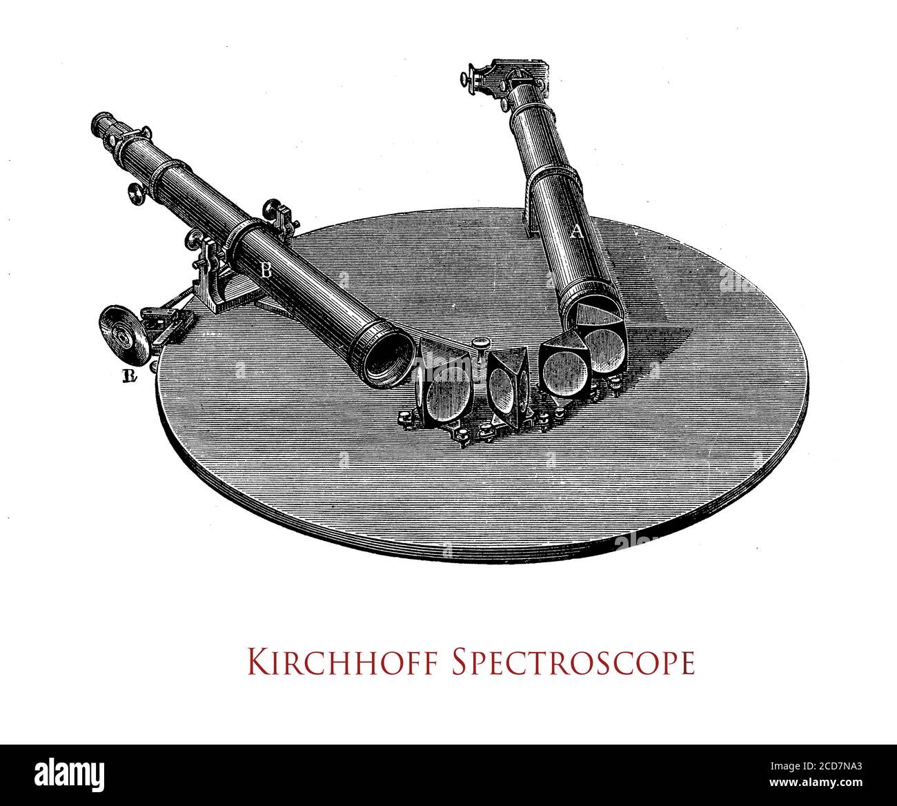 Spettrometro ottico o spettroscopio Kirchhoff, strumento per misurare le proprietà della luce su una porzione specifica dello spettro elettromagnetico nell'analisi spettroscopica per identificare i materiali Foto Stock