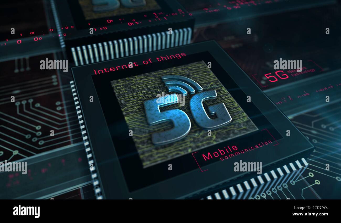 Tecnologia di comunicazione mobile 5G e simboli metallici dell'Internet delle cose. Illustrazione del rendering 3d del concetto astratto. Foto Stock