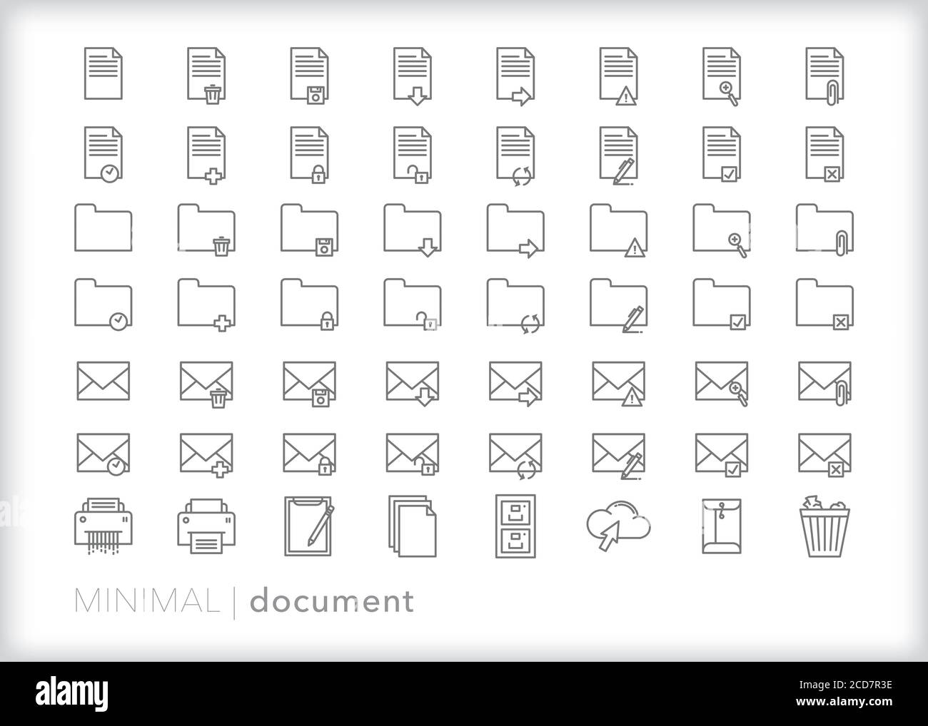 Set di 56 icone per la creazione, l'invio e la gestione di documenti elettronici, cartelle, e-mail e file Illustrazione Vettoriale