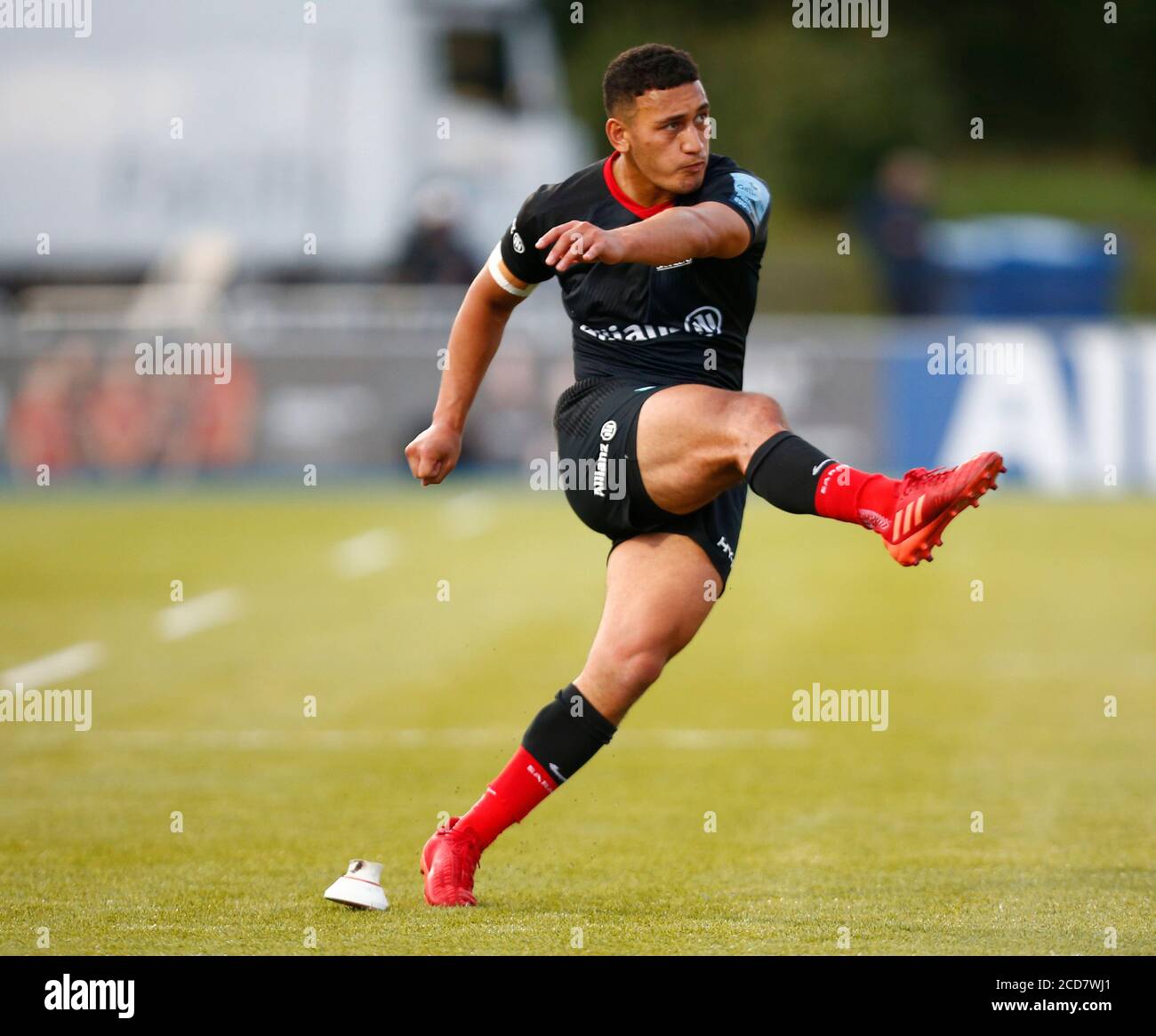 HENDON, Regno Unito, 26 AGOSTO: Manu Vunipola di Saracens durante il Gallagher Premiership Rugby tra Saracens e Gloucester ad Allianz Park stadi Foto Stock