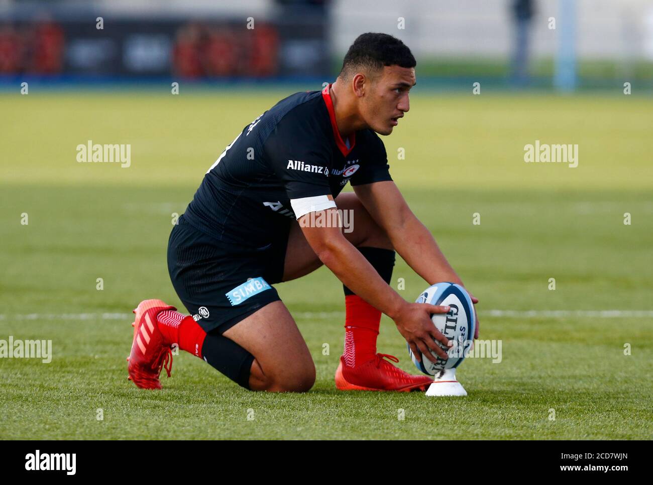 HENDON, Regno Unito, 26 AGOSTO: Manu Vunipola di Saracens durante il Gallagher Premiership Rugby tra Saracens e Gloucester ad Allianz Park stadi Foto Stock