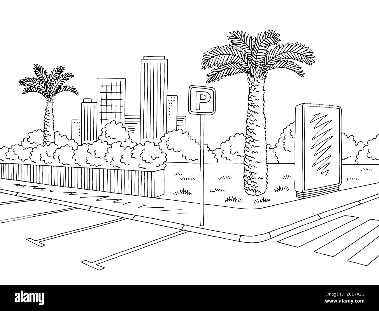 Grafico di parcheggio città bianco nero disegno di disegno di paesaggio vettore Illustrazione Vettoriale