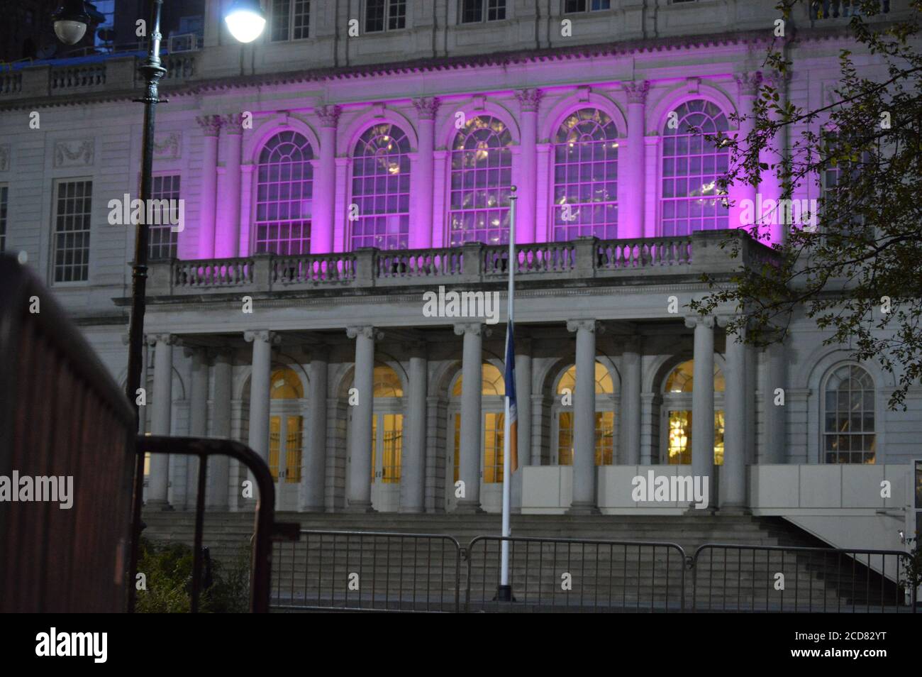 Il municipio di New York City è stato illuminato di viola in onore del centenario del suffragio nella Giornata dell’uguaglianza delle donne (26 agosto 2020). Foto Stock