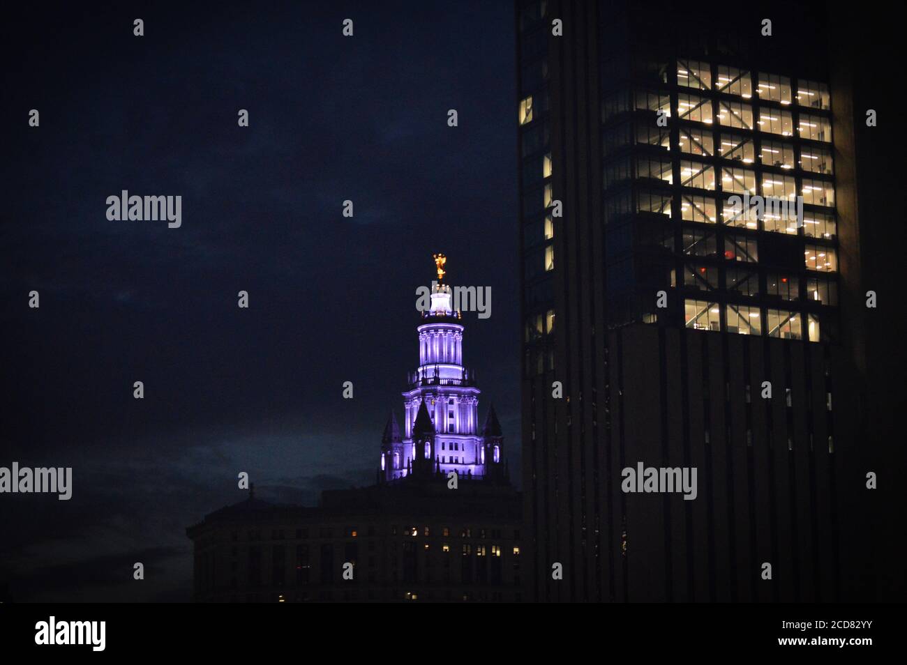 Il Municipal Building di New York City è stato illuminato di viola in onore del centenario del suffragio nella Giornata dell'uguaglianza delle donne (agosto 26,2020). Foto Stock