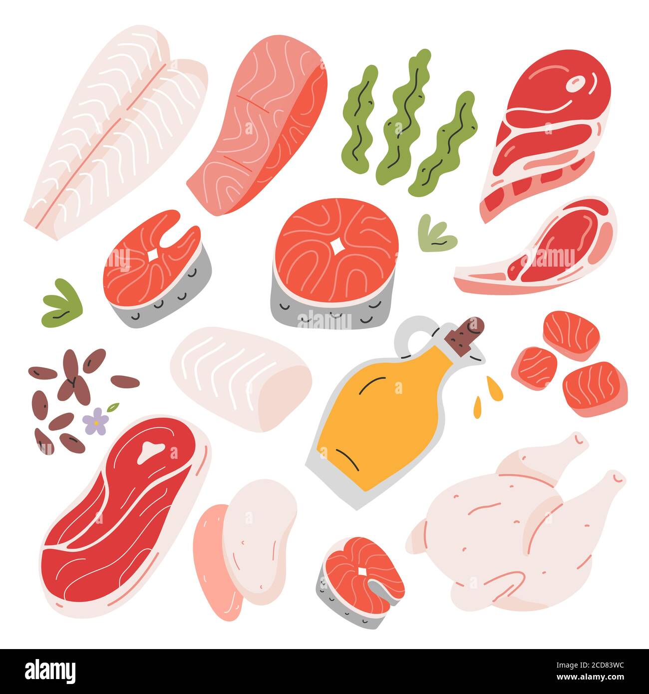 Cucina ingredienti alimentari, carne di manzo e di agnello, salmone e filetto di pesce bianco e bistecca, illustrazione vettoriale disegnata a mano, icone isolate, semi di lino e. Illustrazione Vettoriale