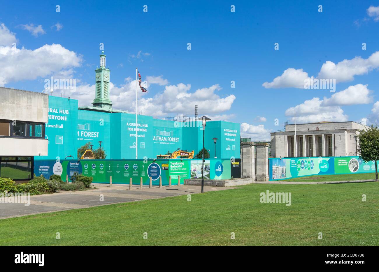 Lavori di riqualificazione e costruzione del Municipio e del Palazzo delle assemblee della Foresta di Waltham. Walthamstow, Londra Foto Stock