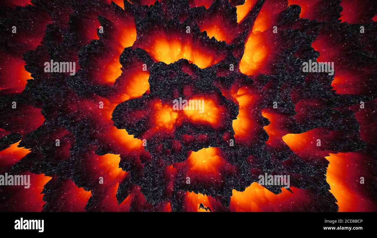 Rosso-caldo lava magma sfondo colorato, astratto 3D illustrazione carta da parati, materia oscura, modo di inferno Foto Stock