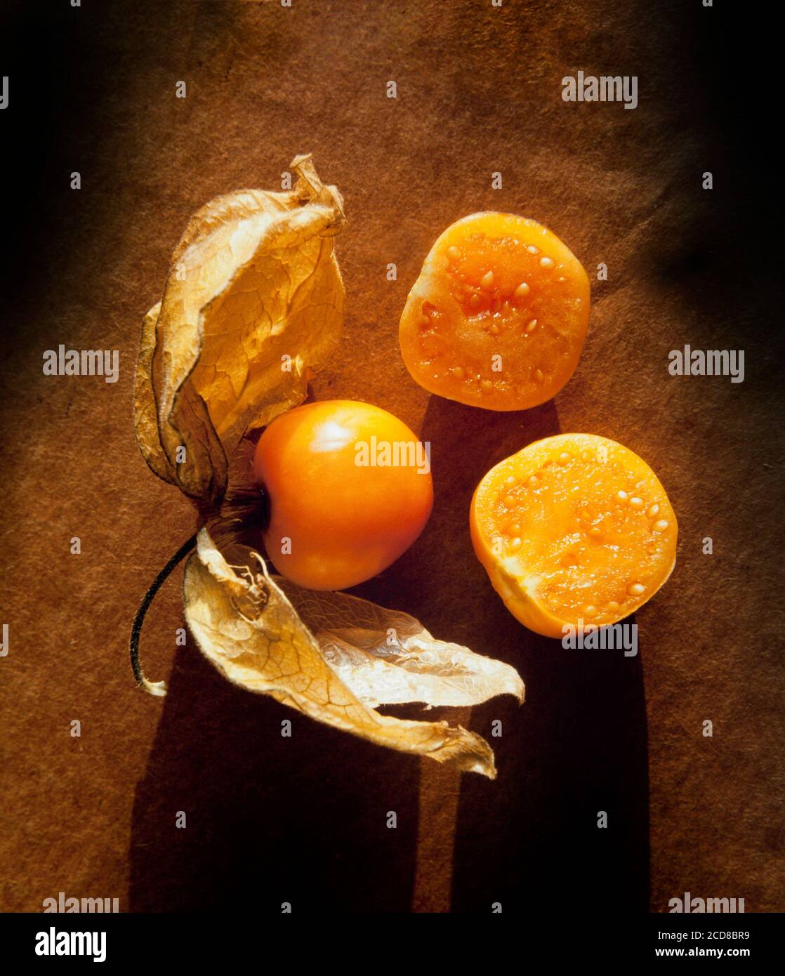 Frutti di mare, alcuni all'interno di un calice, Physalis peruviana Foto Stock