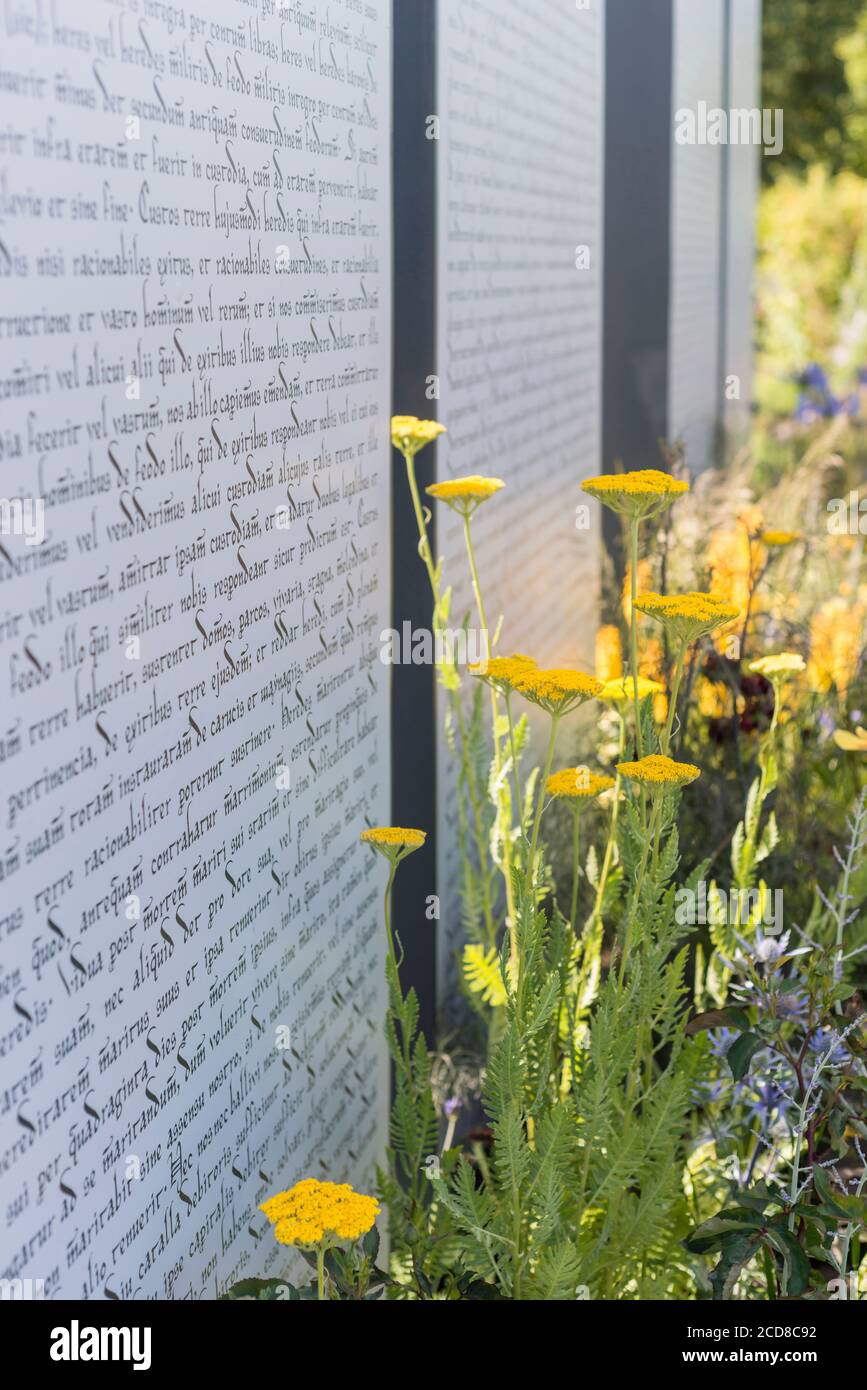 LA MAGNA CARTA SU PANNELLI DI PIETRA CON ACHILLEA GIALLO A. L'AMNESTY INTERNATIONAL MAGNA CARTA 800 GARDEN PRESSO HAMPTON COURT FLOWERSHOW PROGETTATO DA FREDE Foto Stock