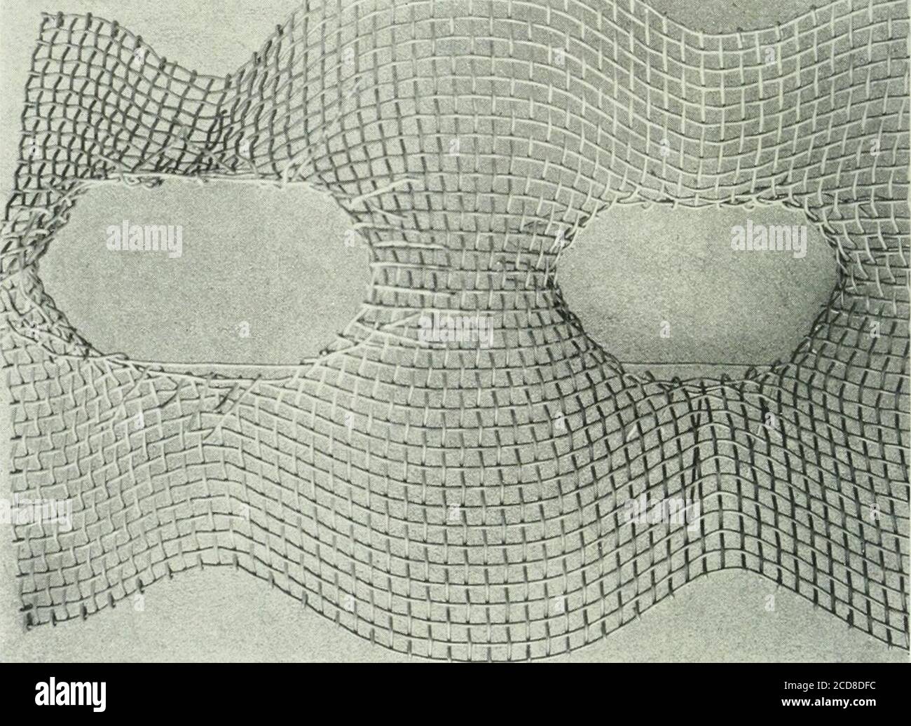 . Bollettino . A. COLLEGARE LO SCHERMO E LE CARTUCCE PRIMA DI SPARARE. La retina metallica del filo n. 1 0 è sospesa verticalmente nell'aria con due cartucce i-Pound di dinamite diritta al 40% avvolte contro di essa. B. SCHERMO A FILO DOPO L'ACCENSIONE DELLE CARTUCCE. COMBUSTIONE ED ESPLOSIONE. 15 colpiscono la roccia, perché esplodono così lentamente che i gas foredpossono sollevare l'aria sopra di loro e fuoriuscire; tuttavia, la dinamite, il fulminato del mercurio, e altri esplosivi ad alto tenore, se posati su rockand fragile o morbido detonato, possono frantumarlo, perché esplodono così rapidamente i gas da essi formati non possono sollevare il grande volume o Foto Stock