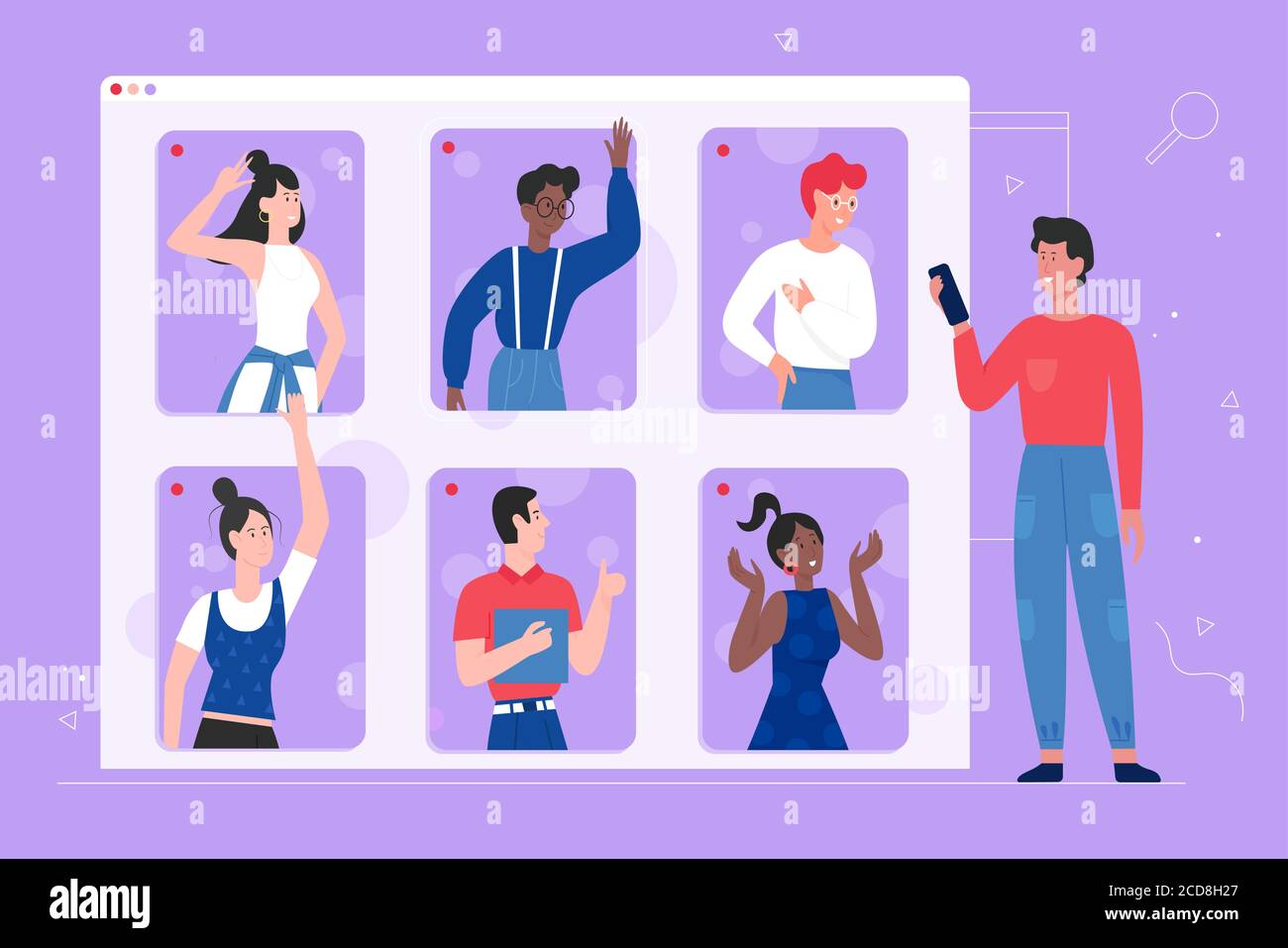 Persone in comunicazione online illustrazione vettoriale. Cartoon uomo piatto donna gruppo di personaggi comunicare insieme, utilizzando l'app mobile video call chat, internet meeting digitale background tecnologico Illustrazione Vettoriale