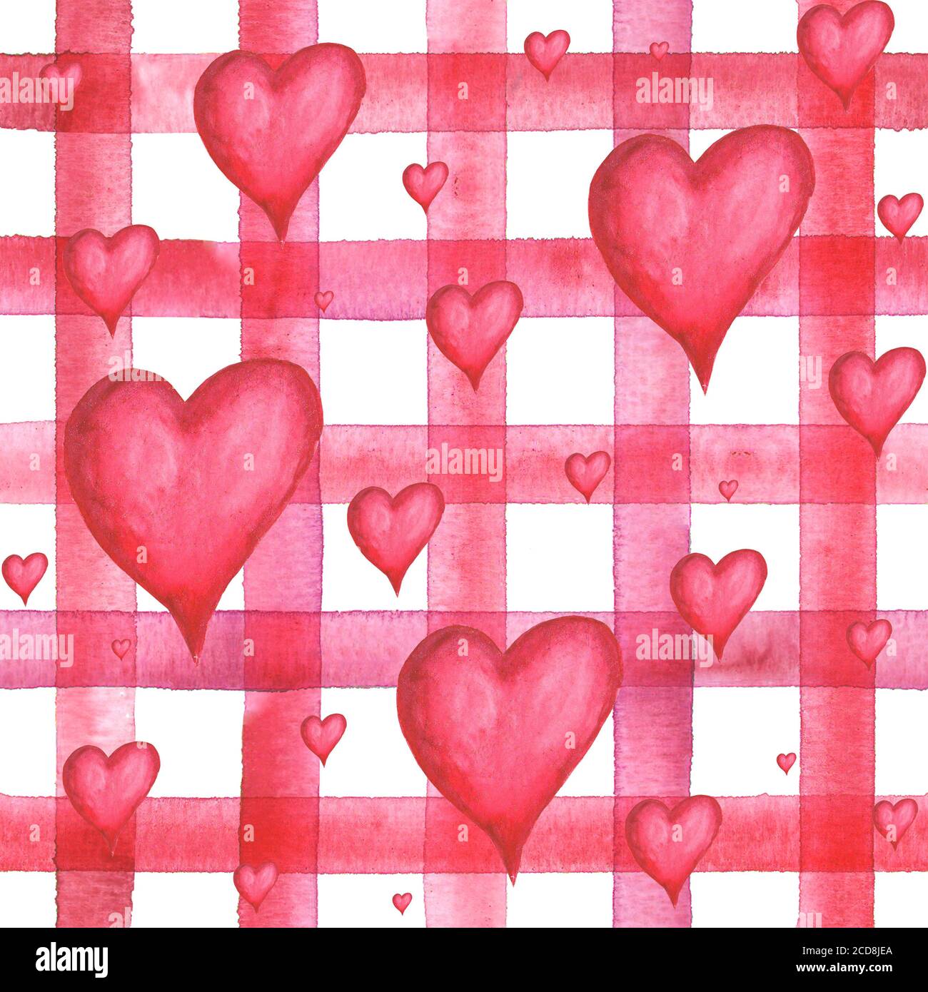 Sfondo vintage con cuori rossi acquerelli su strisce rosse motivo senza cuciture. Acquerello dipinto a mano a strisce vecchio grunge texture. Stampa per te Foto Stock