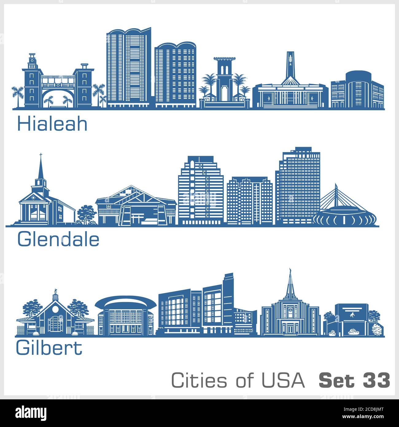 Città degli Stati Uniti - Hialeah, Glendale, Gilbert. Architettura dettagliata. Illustrazione vettoriale alla moda. Illustrazione Vettoriale