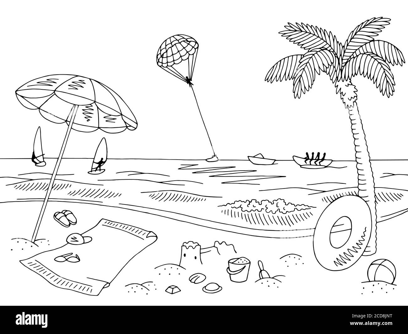 Mare costa spiaggia grafica bianco nero disegno grafico paesaggio vettore illustrazione Illustrazione Vettoriale