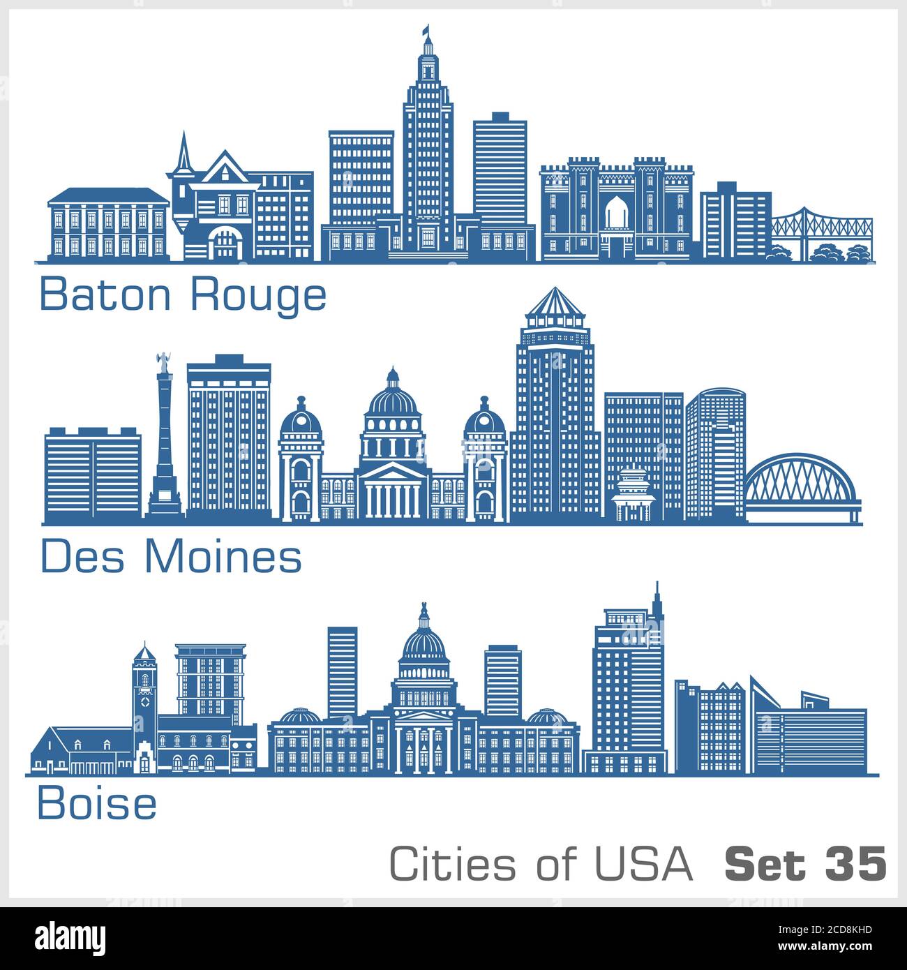 Città degli Stati Uniti - Baton Rouge, Des Moines, Boise. Architettura dettagliata. Illustrazione vettoriale alla moda. Illustrazione Vettoriale