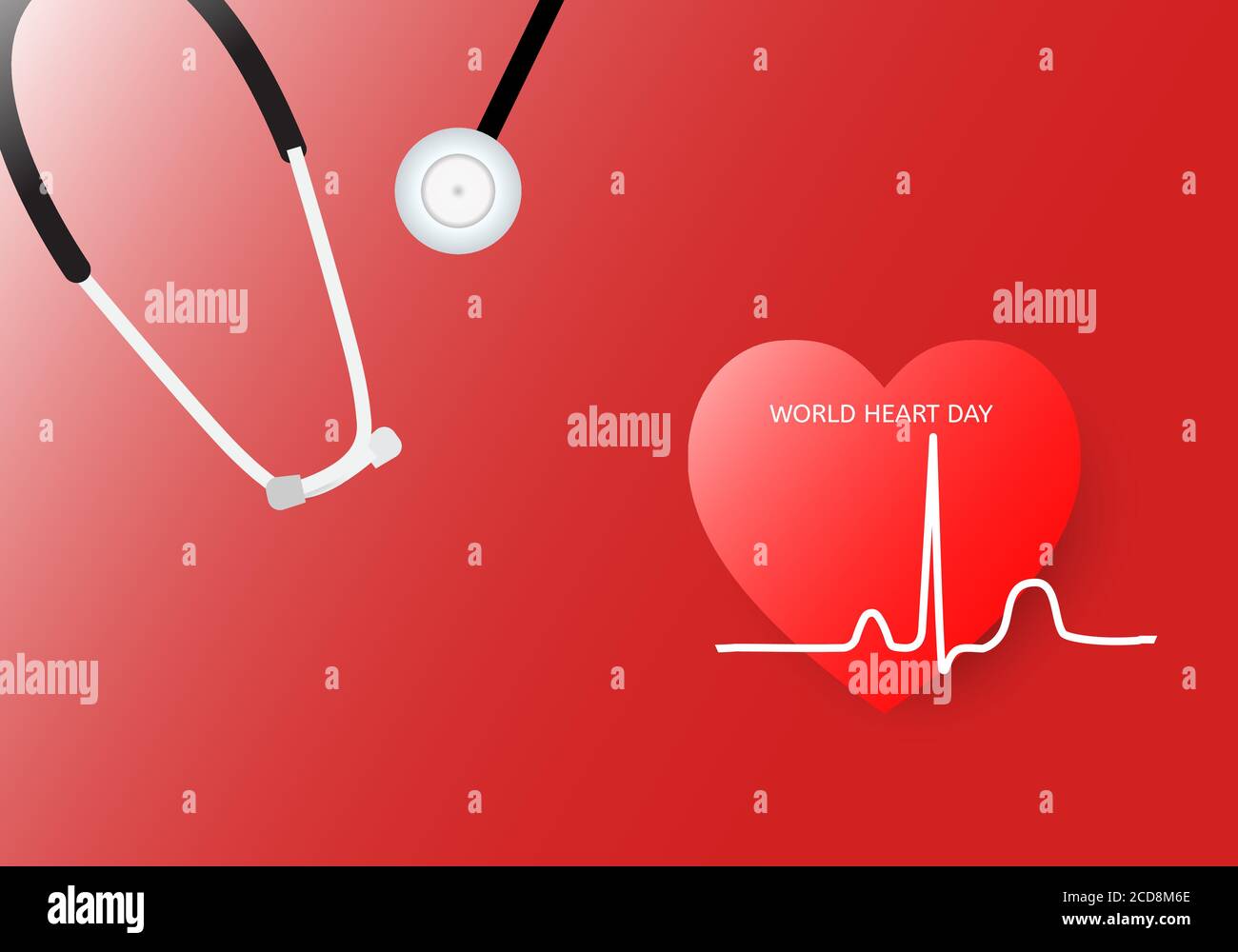 Mondo cuore giorno sfondo. Illustrazione vettoriale di cuore, elettrocardiogramma e stetoscopio su sfondo rosso. Illustrazione Vettoriale