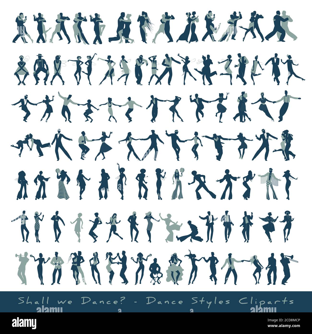 Collezione di clipart di stili di danza. Silhouette di ballerini di musica tango, jazz, swing, rock, pop, soul e latin, isolate su sfondo bianco Illustrazione Vettoriale