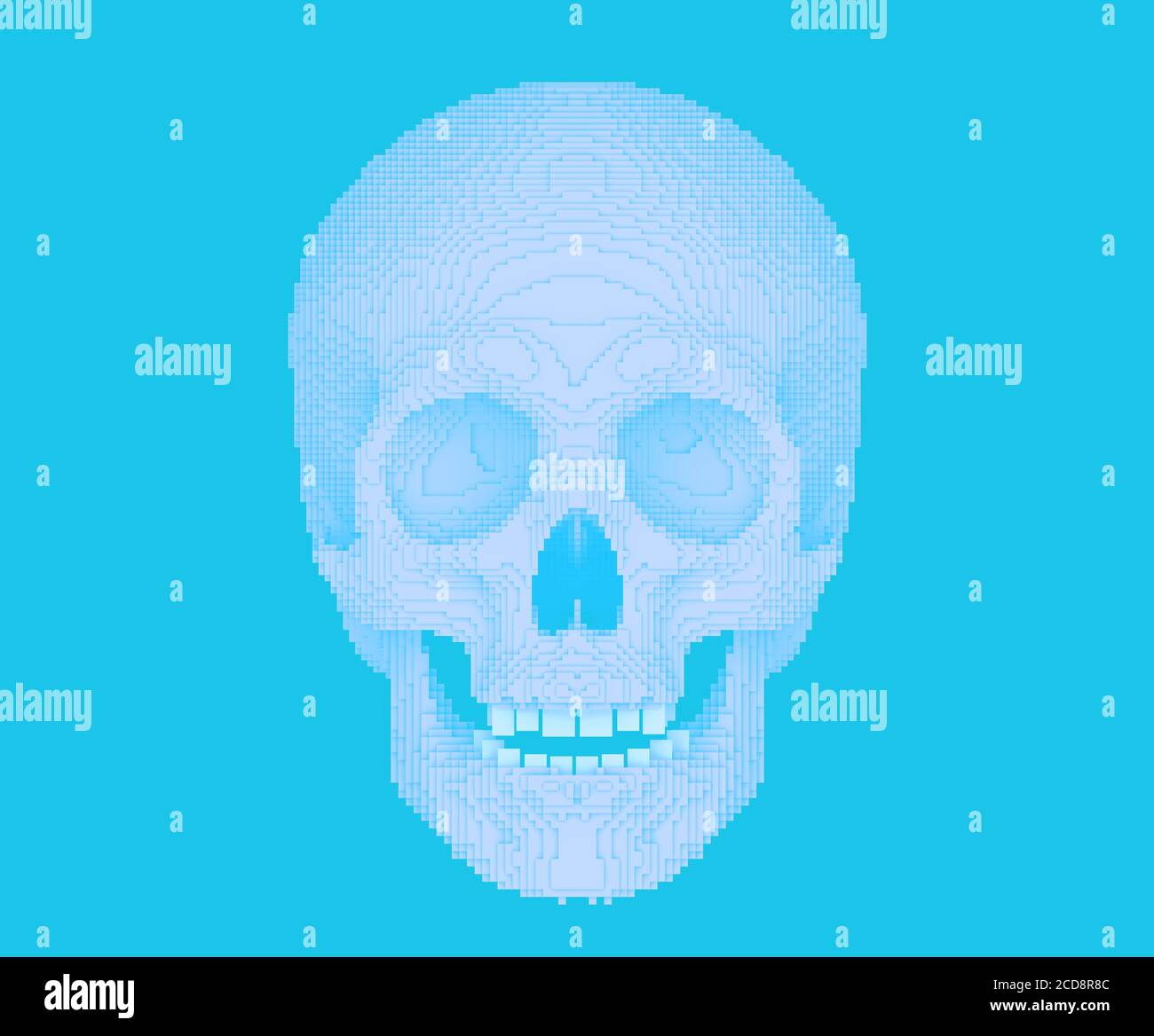 cranio pixelato o bloccante su bakground blu, rendering 3d Foto Stock