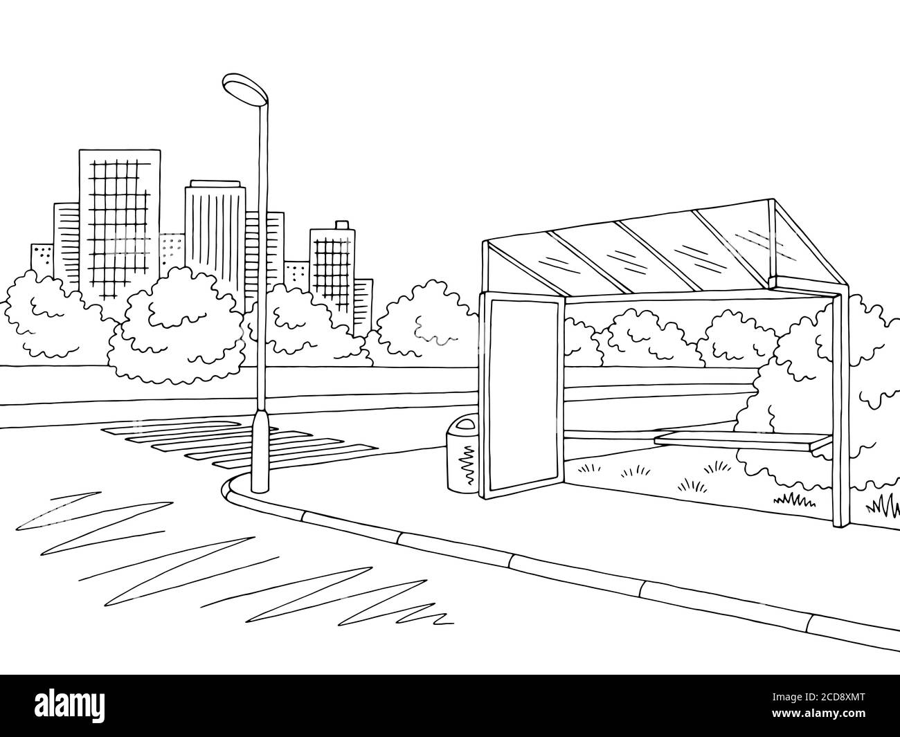 Immagine dello schizzo della strada panoramica della città bianca nera della fermata dell'autobus vettore Illustrazione Vettoriale
