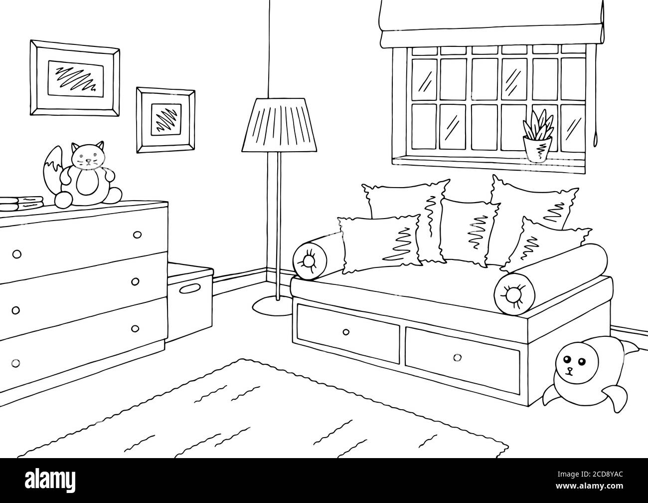 Grafica per bambini in bianco nero per la casa per bambini illustrazione dello schizzo vettoriale Illustrazione Vettoriale