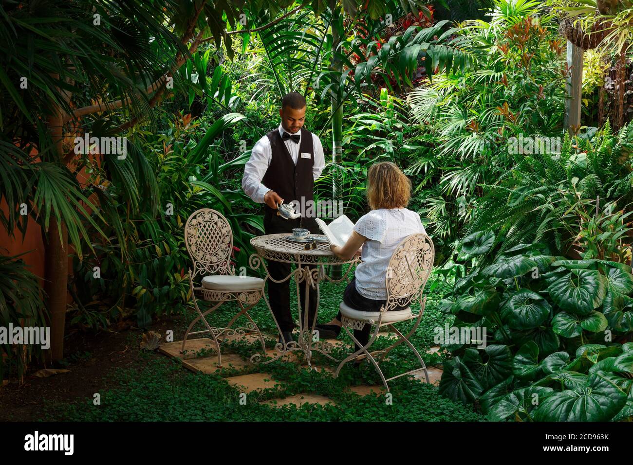 Spagna, Isole Canarie, la Palma, servizio di tè da parte di un membro del personale, nel giardino di un hotel tropicale di lusso Foto Stock